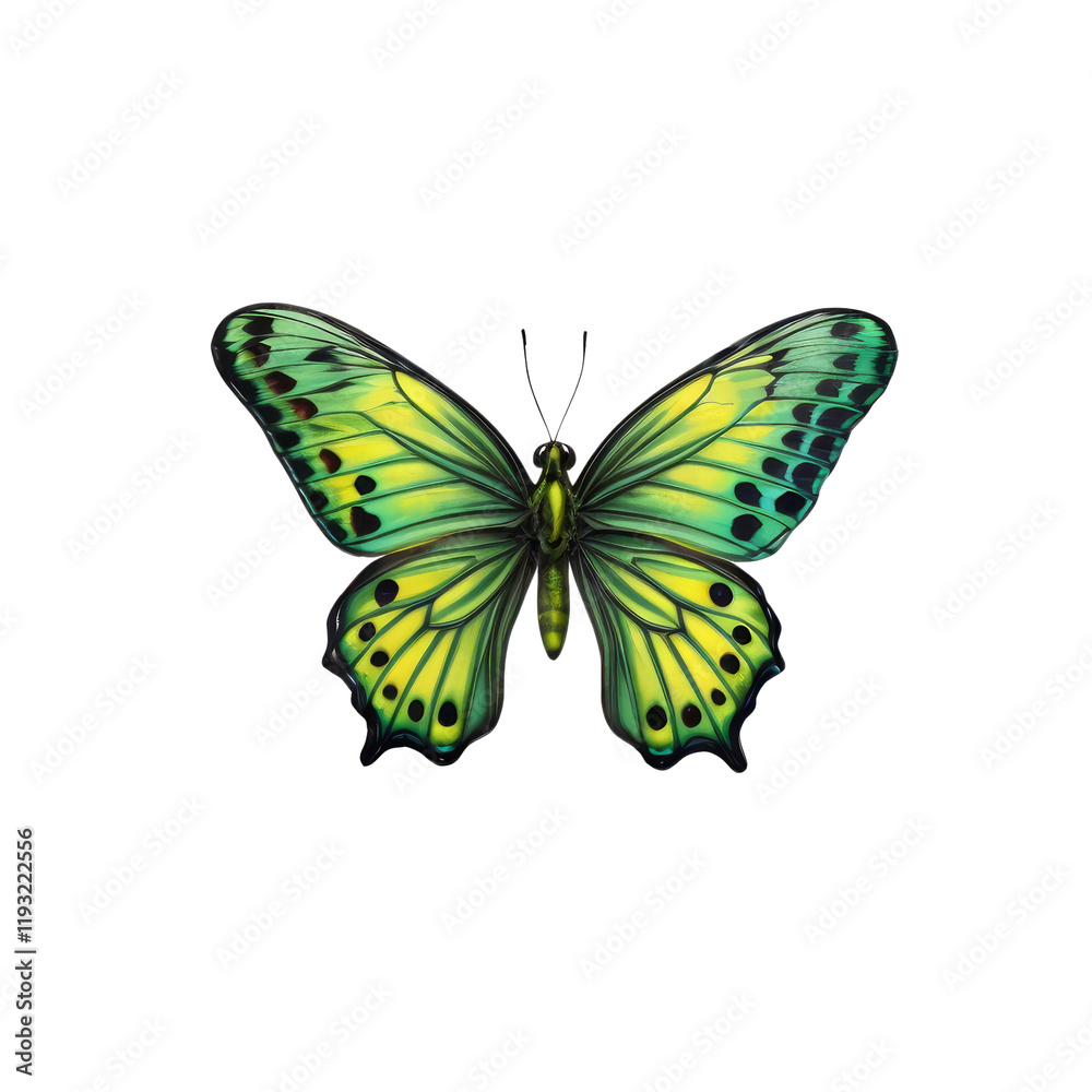 Obraz premium Emerald Wings: A vibrant green and yellow butterfly with intricate patterns on its wings, isolated against a clean background, showcasing the delicate beauty of nature. 