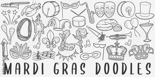 Mardi Gras Doodle Icons. Hand Made Line Art. Carnival Party Clipart Logotype Symbol Design.