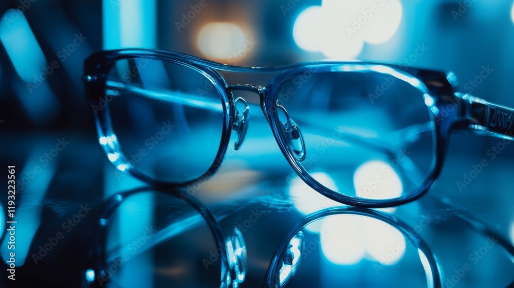 Stylish blue eyeglasses on a reflective surface Stylish blue eyeglasses on a reflective surface