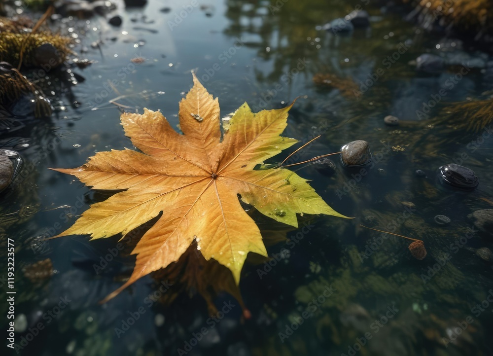 An autumn leaf drifts peacefully on the surface of a quiet stream, accompanied by tiny green particles of freshwater plankton, stream, outdoor scene, clear water An autumn leaf drifts peacefully on the surface of a quiet stream, accompanied by tiny green particles of freshwater plankton, stream, outdoor scene, clear water