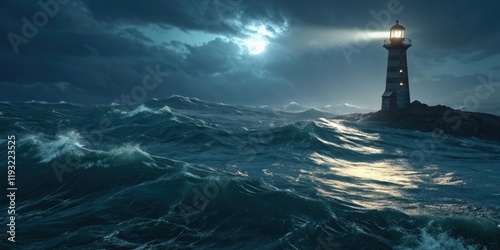 An eerie glow emanates from a faint light source in the midst of an unsettled ocean, light, ambiance