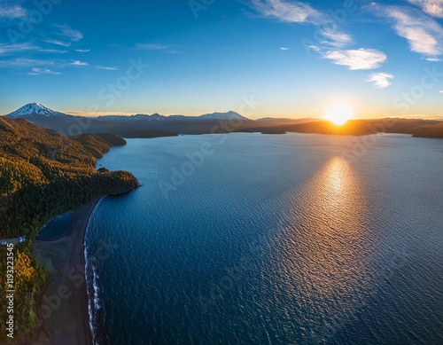 epic sunrise in lake villarrica aerial panoramic view araucania region chile photo