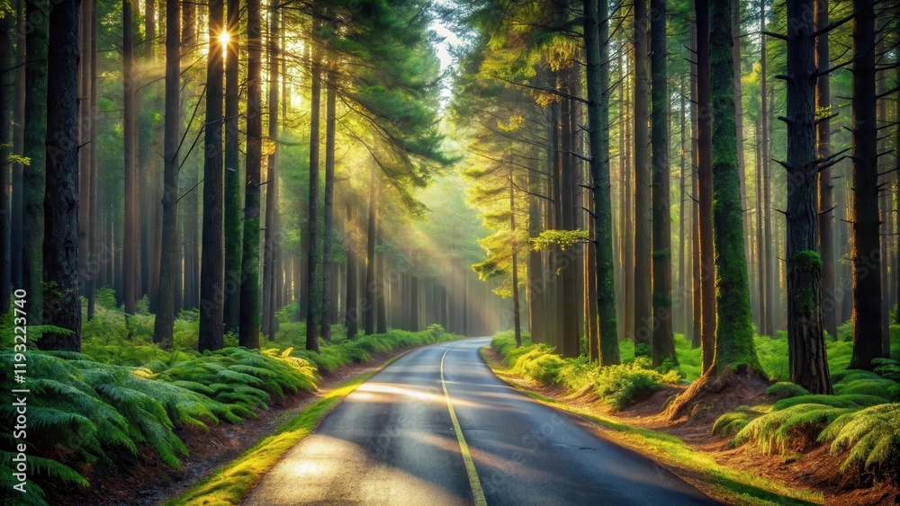 Sunlit Path Through a Misty Forest with Lush Green Undergrowth Sunlit Path Through a Misty Forest with Lush Green Undergrowth