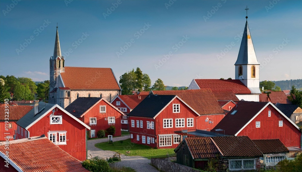 a small town with red houses and a church houses with flat roofs a small town with red houses and a church houses with flat roofs