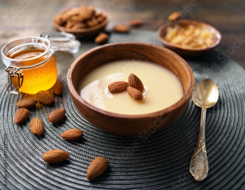 a creamy almond milk jelly dessert served in a rustic bowl surrounded by fresh almonds and honey this concept emphasizes natural wholesome ingredients in a simple inviting presentation photo