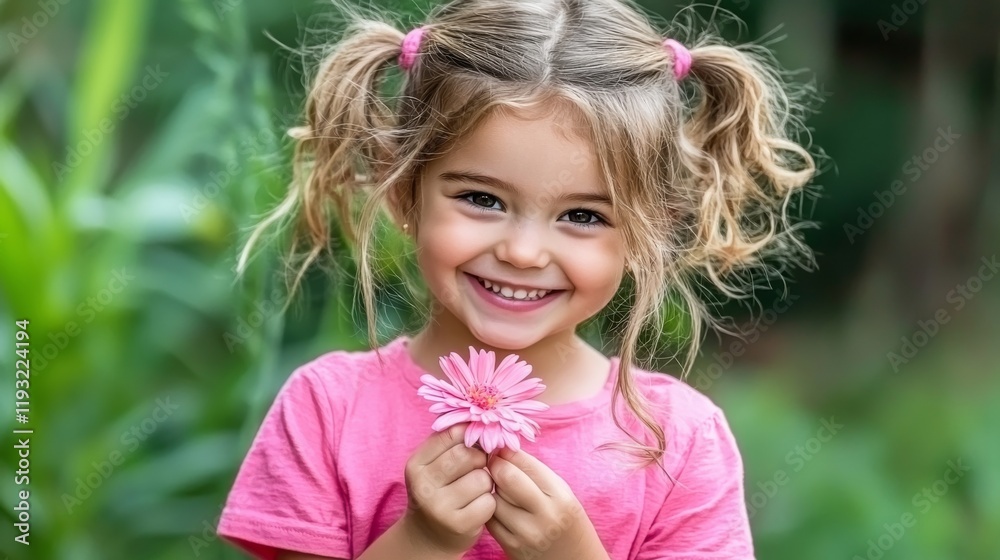 Joyful Young Girl with Bright Blonde Hair Holding a Pink Flower in a Playful Outdoor Setting Joyful Young Girl with Bright Blonde Hair Holding a Pink Flower in a Playful Outdoor Setting