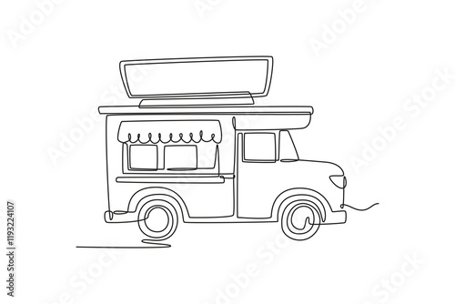Food truck with street food concept. Single line draw design vector graphic illustration.