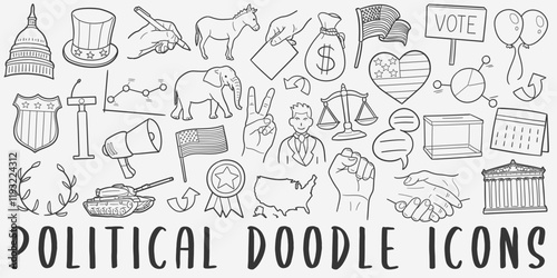 Political Doodle Icons. Hand Made Line Art. Politics Clipart Logotype Symbol Design.