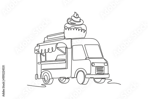 Food truck with street food concept. Single line draw design vector graphic illustration.