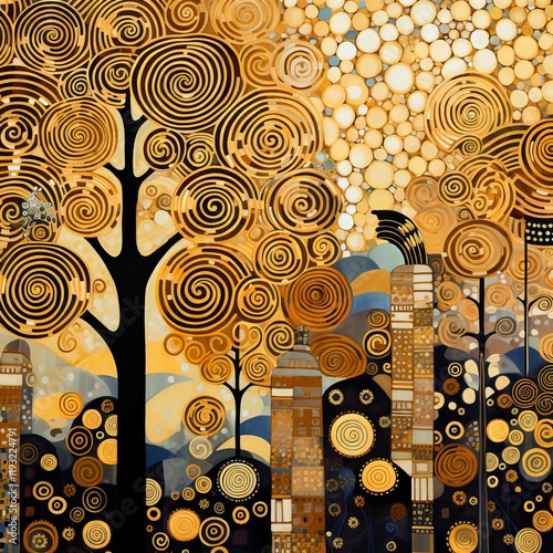 Abstract tree with twisting branches and vibrant spirals on a textured golden background, expressing artistic creativity photo