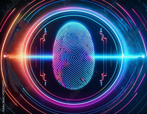 concept of voice assistant gadget tech a futuristic digital fingerprint scanner with vibrant neon patterns and a circular interface symbolizing technology and security photo