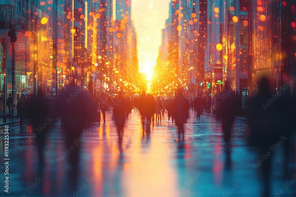 Obraz premium abstract blurred background of a bustling shopping street, with people in motion creating a dynamic atmosphere, enhanced by soft bokeh effects and warm sunset tones