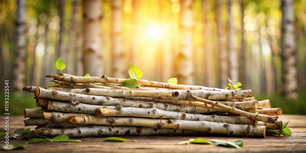 A stack of pale wood branches with fresh green leaves rests on a wooden surface, bathed in warm sunlight, against a blurred backdrop of a forest. A stack of pale wood branches with fresh green leaves rests on a wooden surface, bathed in warm sunlight, against a blurred backdrop of a forest.