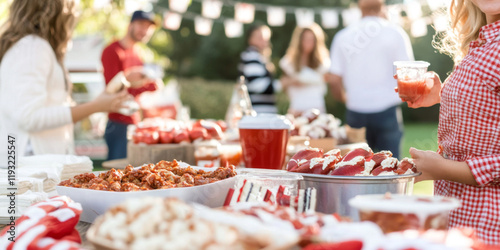 Outdoor tailgate party with diverse group enjoying food and drink festivities
