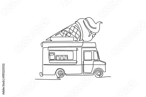 Food truck with street food concept. Single line draw design vector graphic illustration.