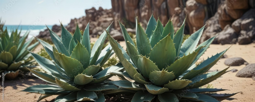 Agave plant with waxy green leaves at the coast, coastal scenery, prickly agave, coastal vegetation Agave plant with waxy green leaves at the coast, coastal scenery, prickly agave, coastal vegetation