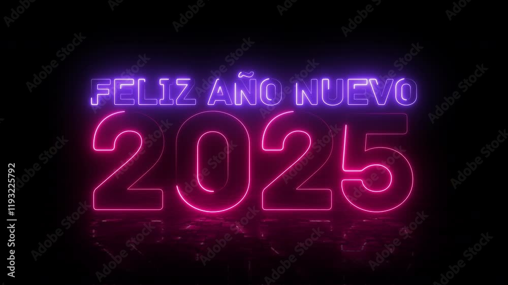 Feliz ano nuevo 2025. Happy New Year 2025. Bright pink and purple neon glowing numbers. Text in Spanish with floor reflection. Cosmic vibrant colours. Horizontal moving lines. Black background. Feliz ano nuevo 2025. Happy New Year 2025. Bright pink and purple neon glowing numbers. Text in Spanish with floor reflection. Cosmic vibrant colours. Horizontal moving lines. Black background.