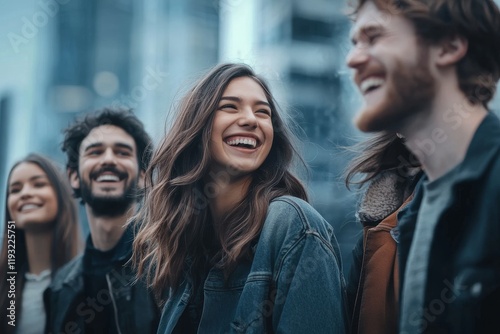 Wallpaper Mural Group of young friends laughing and smiling together in an urban setting with a joyful atmosphere Torontodigital.ca