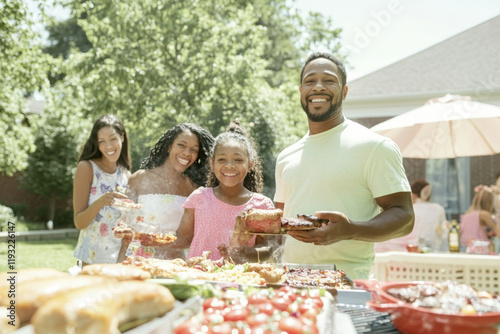 Family enjoying backyard barbecue during summer gathering with pastel decorations