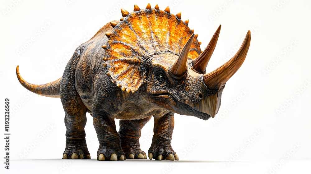 6. A triceratops defending itself from a predator, with a clean white backdrop enhancing the scene 6. A triceratops defending itself from a predator, with a clean white backdrop enhancing the scene