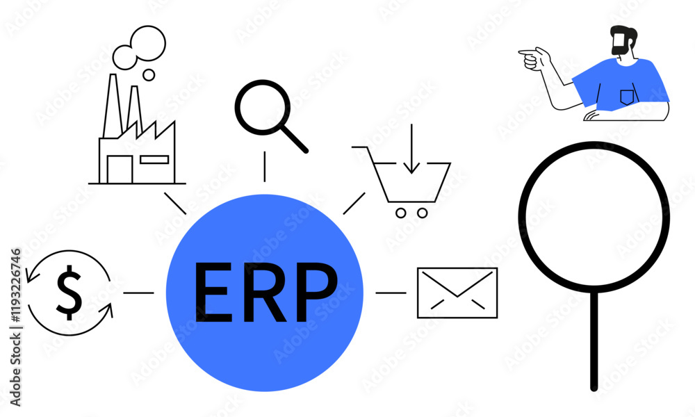 ERP in blue circle connected to icons including factory, magnifying glass, shopping cart, dollar sign, envelope, and person. Ideal for business integration, software solutions, process management ERP in blue circle connected to icons including factory, magnifying glass, shopping cart, dollar sign, envelope, and person. Ideal for business integration, software solutions, process management