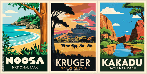 Set of Retro National Parks posters, Vintage travel illustrations. Trendy printable wall art with beautiful landscapes. Vector colorful illustrations.