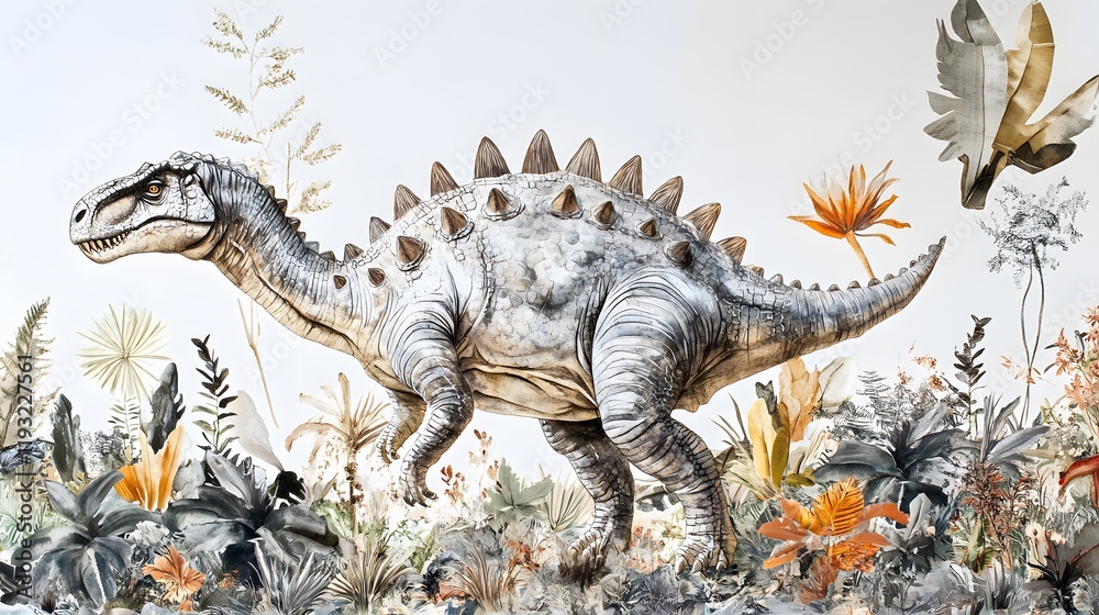 Fototapeta premium 8. A stegosaurus walking through a lush prehistoric jungle, with a soft white background