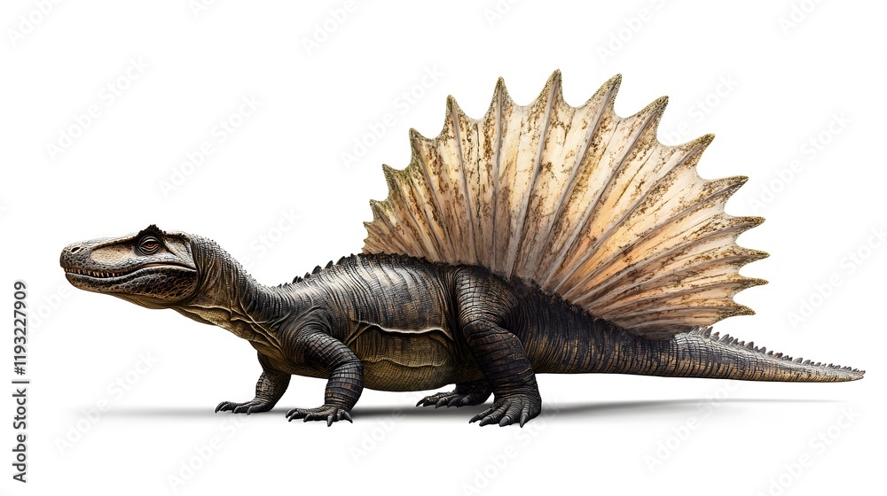 Fototapeta premium 10. A dimetrodon basking by a prehistoric lake, set against a crisp white background