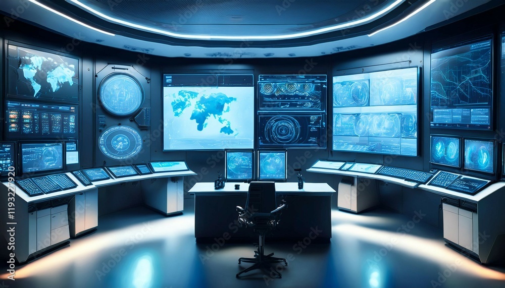 Naklejka premium futuristic control room with advanced digital screens and interf