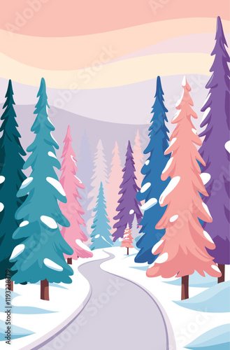 Winter landscape with snowy forest and road running through it. Trees different colors, including pink, blue, and purple. vector flat illustration, banner, background, poster, card