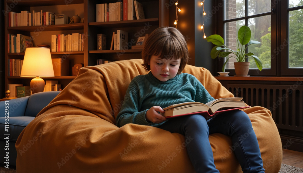 Obraz premium Child reading in cozy library corner with warm lights, imagination