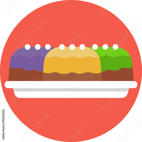 King Cake Icon: A colorful representation of the traditional Mardi Gras dessert, featuring a ring-shaped cake decorated with purple, green, and gold icing.
