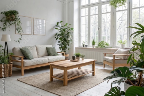 A minimalist Scandinavian living room with natural wood furniture and green plants.
