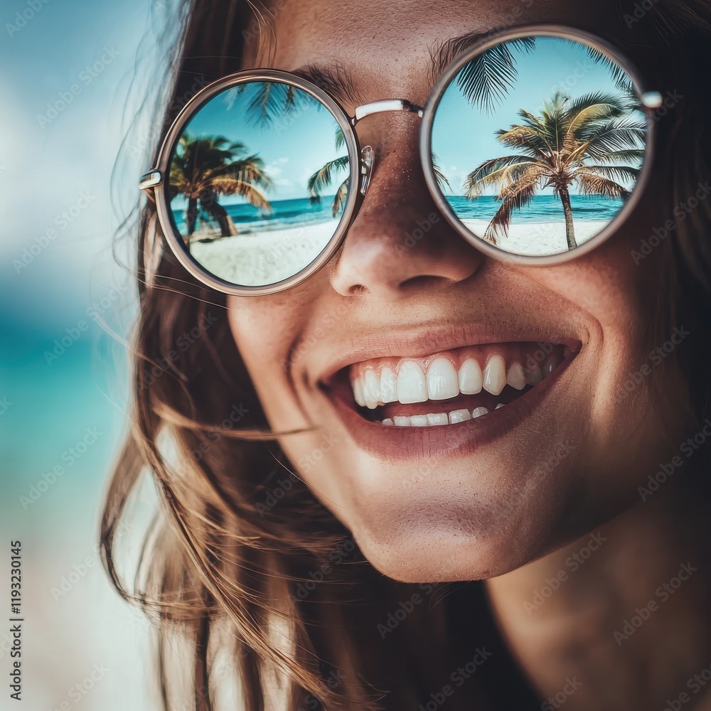 Smiling reflection in sunglasses beach paradise portrait tropical environment close-up view joyful concept Smiling reflection in sunglasses beach paradise portrait tropical environment close-up view joyful concept