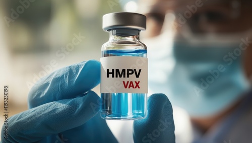 A healthcare professional in China holds a vial labeled HMPV VAX, indicating the development of a vaccine targeting metapneumovirus to combat viral outbreaks by 2025 photo