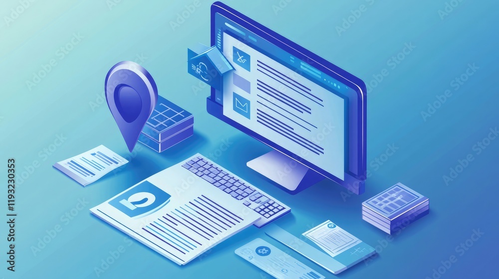 Computer Illustration with Invoice and Location Icon Computer Illustration with Invoice and Location Icon