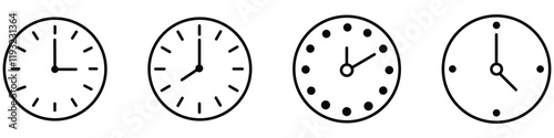Time and clock line icons set. Pack of linear symbols of clock time. Date and clock icon collection. Time, clock, alarm, appointment, schedule, reminder, timer, stopwatch, hourglass, date and more. 