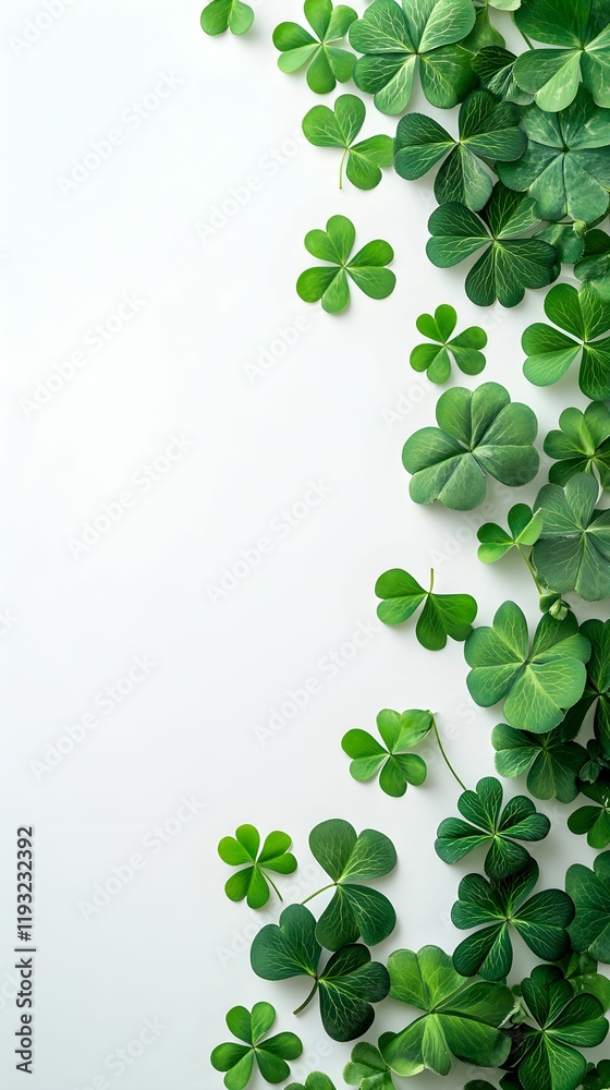 Fototapeta premium Fresh green clovers arranged artfully on a clean white background showcasing nature's beauty