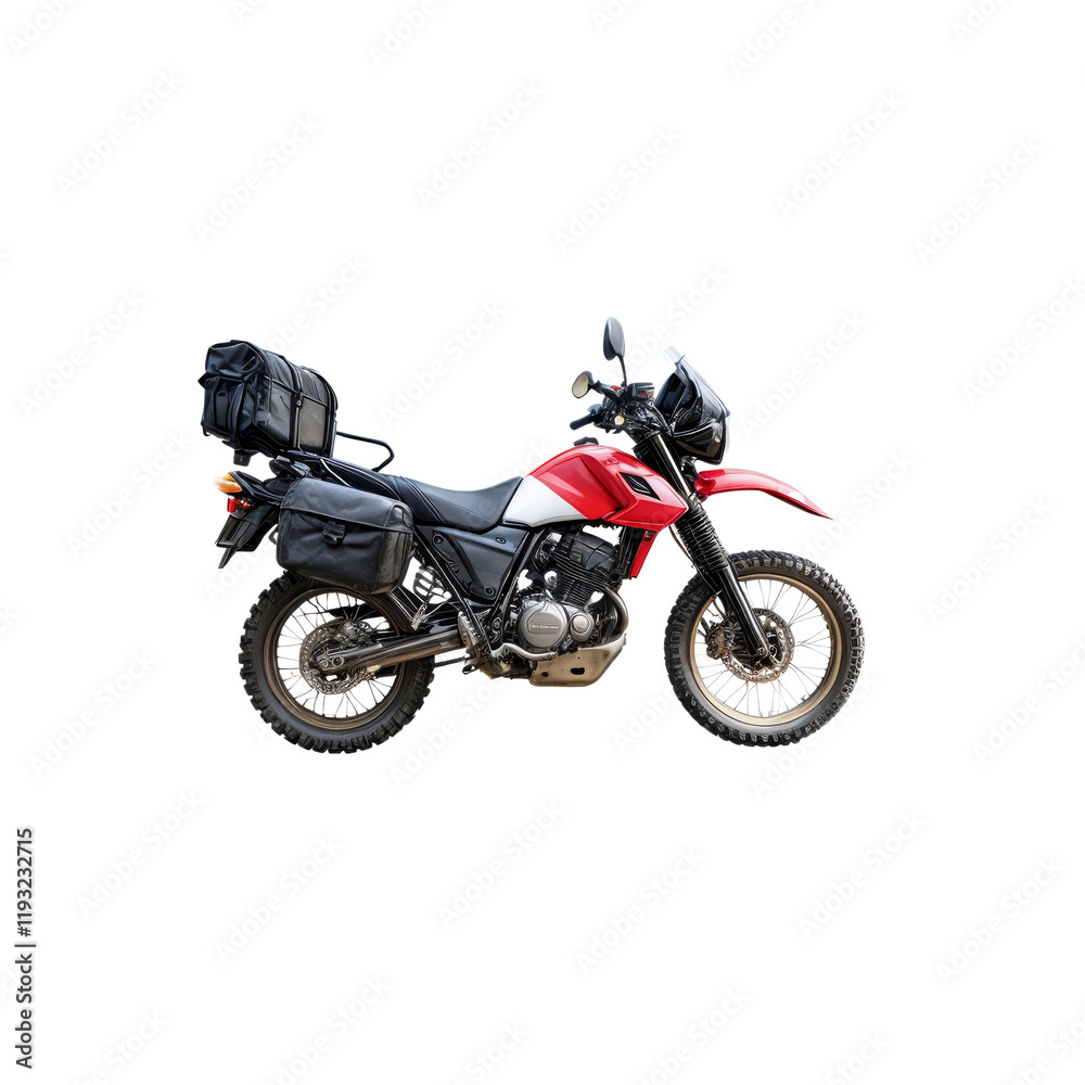 Red Dual-Sport Motorcycle with Luggage: A rugged red dual-sport motorcycle is shown in profile view, equipped with black saddlebags and a top case, ready for adventure. Red Dual-Sport Motorcycle with Luggage: A rugged red dual-sport motorcycle is shown in profile view, equipped with black saddlebags and a top case, ready for adventure.