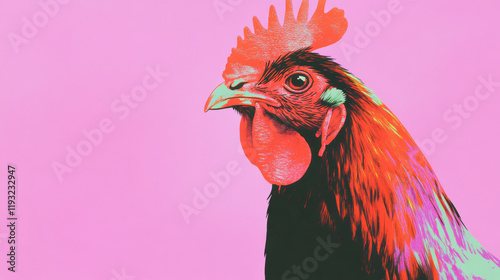 Vibrant rooster portrait in pop art style with bold colors on pink background photo