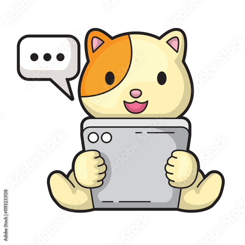 Cute cat using tablet near speech bubble suitable for social media posts, technology blogs, educational materials, and pet care websites