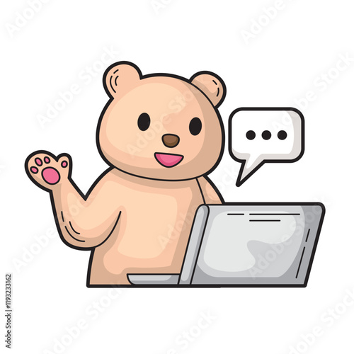 Friendly bear waves with a laptop. Suitable for technology, communication, and humorous design projects