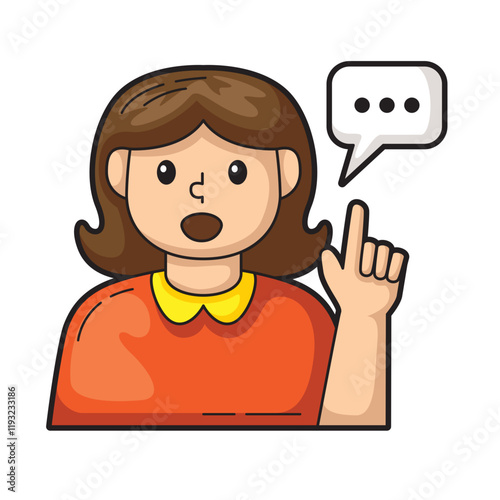 Girl in orange with raised finger and speech bubble suitable for presentations, education, communication, and advice topics for various media