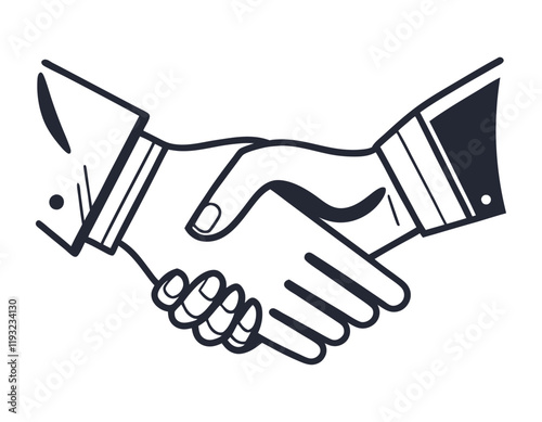 black and white vector image of two hands shaking, representing a successful deal, mutual understanding, or friendship. ideal for business presentations, websites, or marketing materials