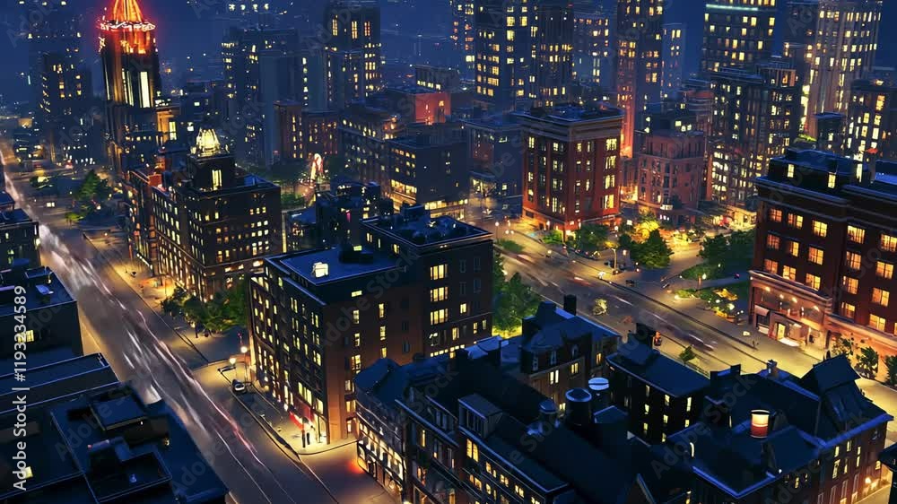 Night Cityscape: Aerial View of Illuminated City Streets and Buildings Night Cityscape: Aerial View of Illuminated City Streets and Buildings