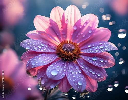 a vibrant pink flower adorned with droplets showcasing intricate petals and a striking center against a softly blurred background