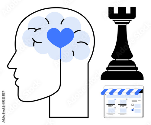 Human head silhouette with brain-heart symbol, large chess rook, online store interface. Ideal for strategic thinking, emotional intelligence, marketing, e-commerce, decision making, mindfulness
