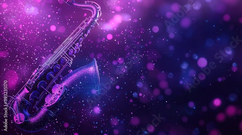 A vibrant saxophone illuminated against a cosmic background, featuring radiant purple and blue colors, creating a dreamy, musical atmosphere.