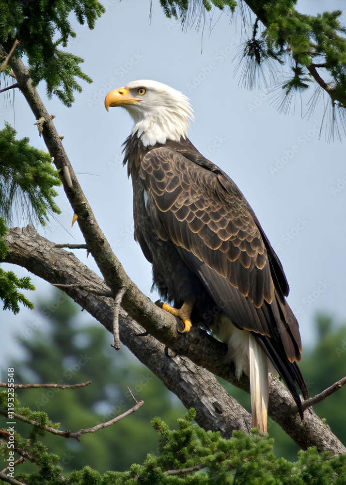 Bald eagle perched on tree branch, symbol of freedom, majestic bird in nature, copy space Bald eagle perched on tree branch, symbol of freedom, majestic bird in nature, copy space