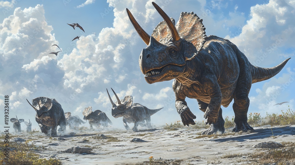 Fototapeta premium 49. A herding scene with protoceratops moving across a vast plain, with a white sky above